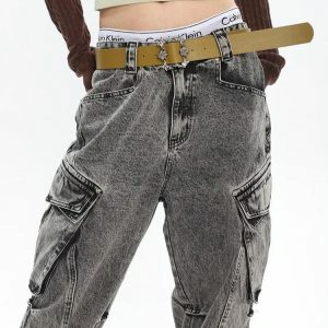 Y2K Distressed Cargo Jeans with Big Pockets for Coquette Style Outfits