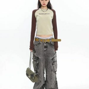 Y2K Distressed Cargo Jeans with Big Pockets for Coquette Style Outfits