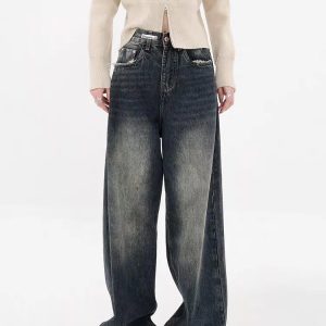 Y2K Distressed Wide Leg Jeans with Pockets - Acubi & Coquette Style