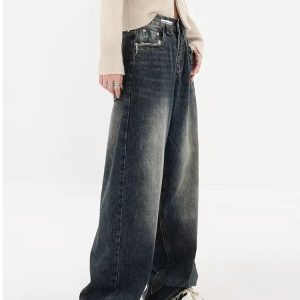 Y2K Distressed Wide Leg Jeans with Pockets - Acubi & Coquette Style