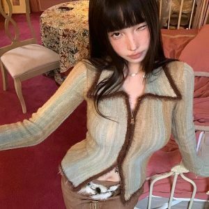 Y2K Fashion Acubi Fluffy Double Zip-Up Cardigan - Coquette Aesthetic