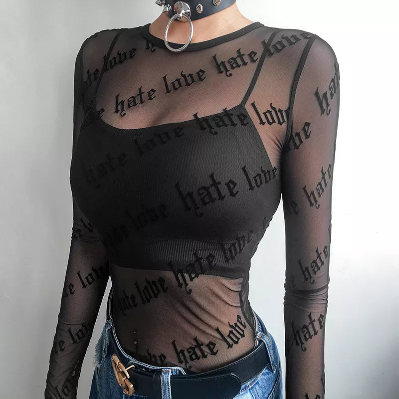 Y2K Fashion Baddie Love Hate Sheer Mesh Top - Coquette & Acubi Style