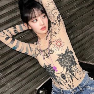 Y2K Fashion Baddie Mesh Tattoo Top - Coquette & Acubi Aesthetic Style