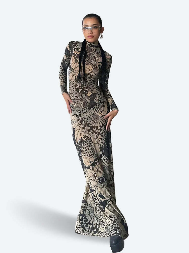 Y2K Fashion Baddie Tattoo Maxi Dress - Dark Coquette Aesthetic Outfit