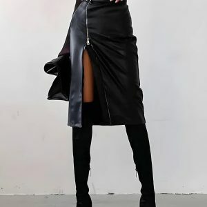 Y2K Fashion Baddie Zip-Up Slit Midi Pencil Skirt - Coquette Style Outfit