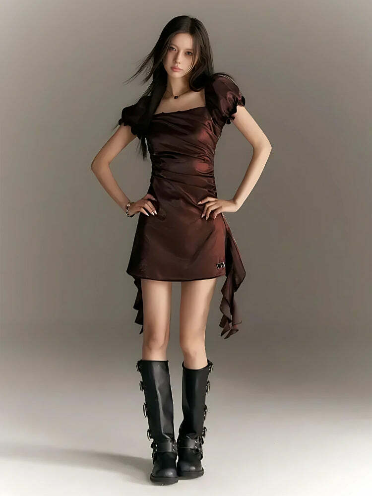 Y2K Fashion Balloon Sleeve Ruched Mini Dress - Coquette & Acubi Style