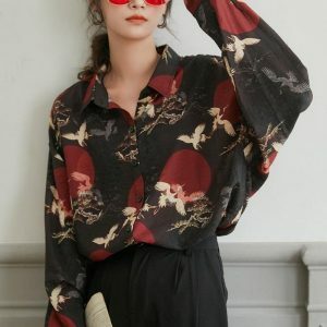 Y2K Fashion Bird Pattern Long Sleeve Shirt - Coquette Aesthetic Style