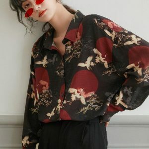 Y2K Fashion Bird Pattern Long Sleeve Shirt - Coquette Aesthetic Style