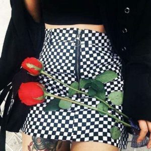 Y2K Fashion Black and White Checkerboard Skirt - Coquette Aesthetic Style