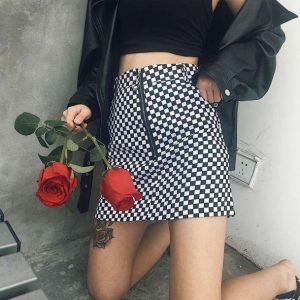 Y2K Fashion Black and White Checkerboard Skirt - Coquette Aesthetic Style