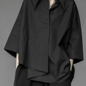 Y2K Fashion Black Korean Asymmetric Shirt - Coquette & Acubi Style