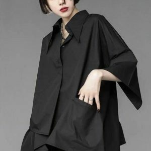 Y2K Fashion Black Korean Asymmetric Shirt - Coquette & Acubi Style