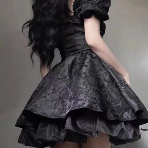 Y2K Fashion Black Princess Mini Dress - Dark Coquette Aesthetic Outfit