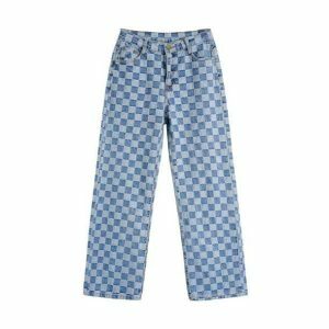 Y2K Fashion Blue Checkered Jeans - Acubi Style Aesthetic Outfit