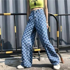 Y2K Fashion Blue Checkered Jeans - Acubi Style Aesthetic Outfit