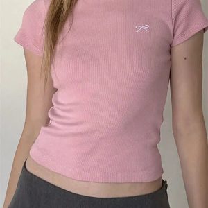 Y2K Fashion Bow Basic Tee - Coquette Style for Aesthetic Outfits