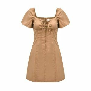 Y2K Fashion Brown Mini Dress with Puffy Sleeves - Coquette Style