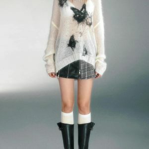 Y2K Fashion Butterfly Crochet Sweater - Coquette Aesthetic Top