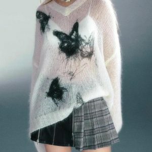 Y2K Fashion Butterfly Crochet Sweater - Coquette Aesthetic Top