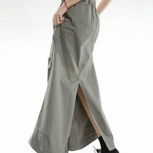 Y2K Fashion Cargo Pockets Parachute Maxi Skirt - Coquette Aesthetic Style