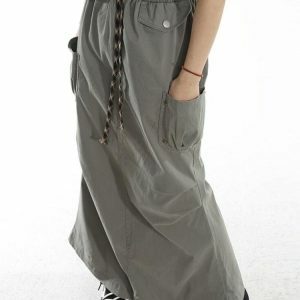 Y2K Fashion Cargo Pockets Parachute Maxi Skirt - Coquette Aesthetic Style