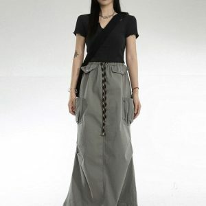 Y2K Fashion Cargo Pockets Parachute Maxi Skirt - Coquette Aesthetic Style