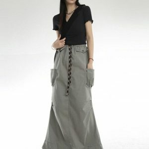 Y2K Fashion Cargo Pockets Parachute Maxi Skirt - Coquette Aesthetic Style