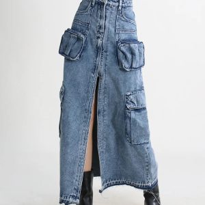 Y2K Fashion Cargo Split Denim Midi Skirt - Coquette & Acubi Style