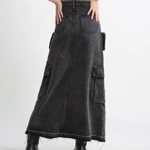 Y2K Fashion Cargo Split Denim Midi Skirt - Coquette & Acubi Style