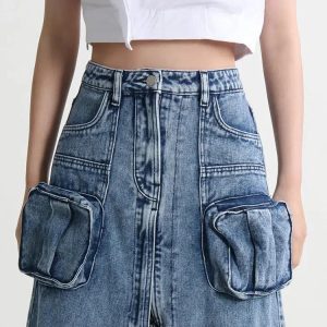 Y2K Fashion Cargo Split Denim Midi Skirt - Coquette & Acubi Style