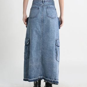 Y2K Fashion Cargo Split Denim Midi Skirt - Coquette & Acubi Style