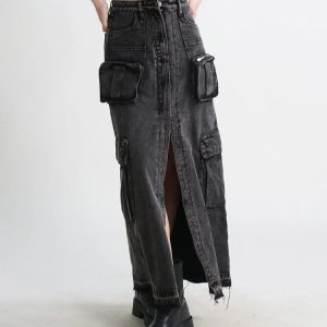 Y2K Fashion Cargo Split Denim Midi Skirt - Coquette & Acubi Style