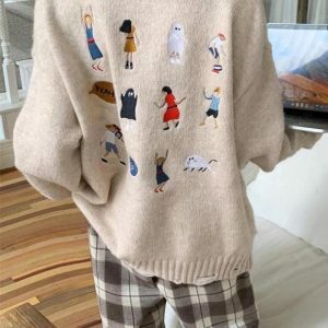 Y2K Fashion Cartoon Embroidered Knitted Sweater - Coquette Aesthetic