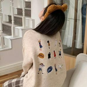 Y2K Fashion Cartoon Embroidered Knitted Sweater - Coquette Aesthetic