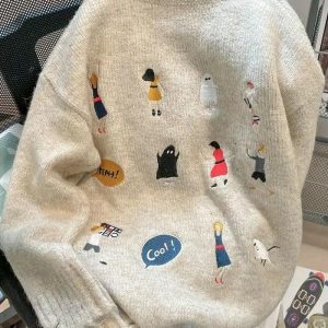 Y2K Fashion Cartoon Embroidered Knitted Sweater - Coquette Aesthetic