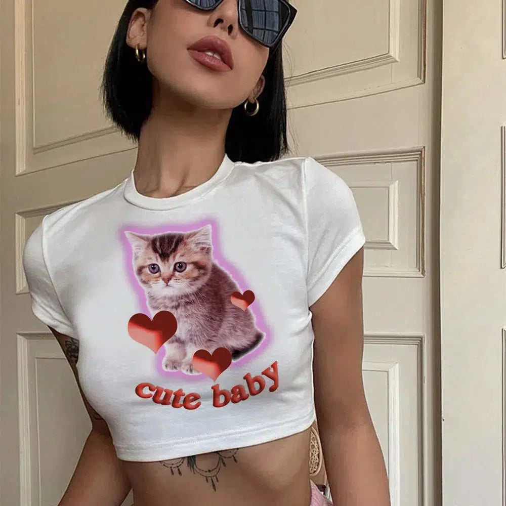 Y2K Fashion Cat Baby Tee - Coquette Style with Aesthetic Vibes