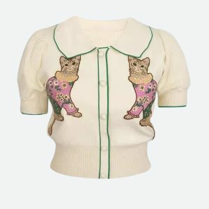 Y2K Fashion Cat Embroidered Sweater - Coquette Style Aesthetic Top