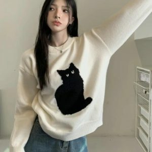 Y2K Fashion Cat Sweater - Coquette Style with Soft Girl Aesthetic