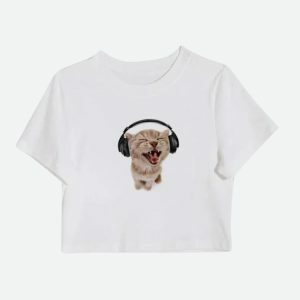 Y2K Fashion Cat with Earphones Tee - Aesthetic Coquette Style Top