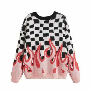 Y2K Fashion Checkered Flames Sweater - Coquette & Acubi Style