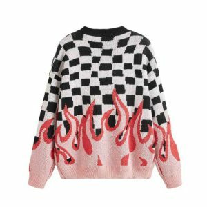 Y2K Fashion Checkered Flames Sweater - Coquette & Acubi Style