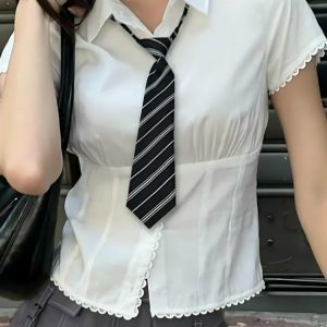 Y2K Fashion College Shirt with Striped Tie - Coquette & Acubi Style