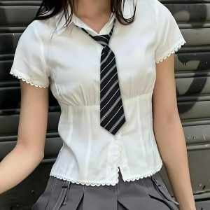 Y2K Fashion College Shirt with Striped Tie - Coquette & Acubi Style