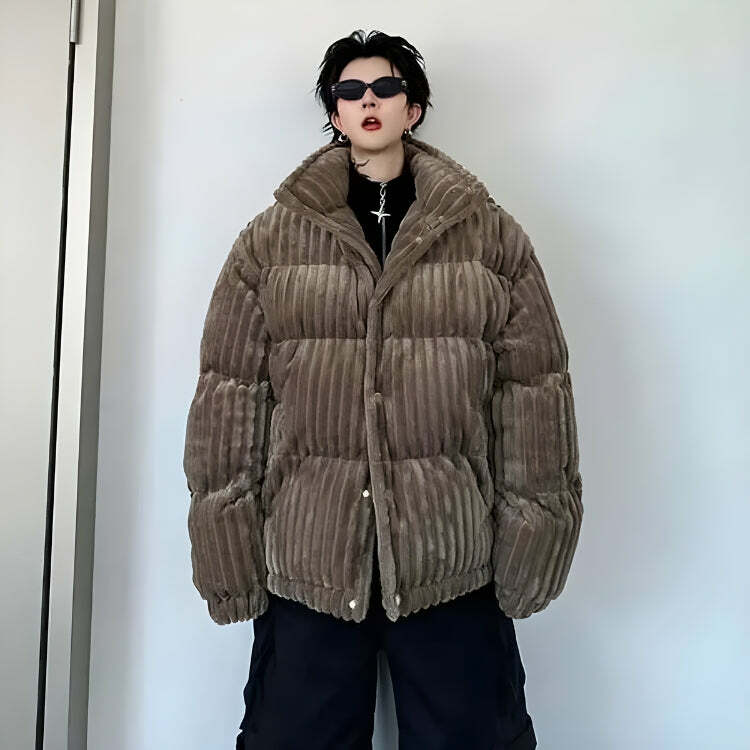 Y2K Fashion Corduroy Buttoned Puffer Jacket - Coquette & Acubi Style