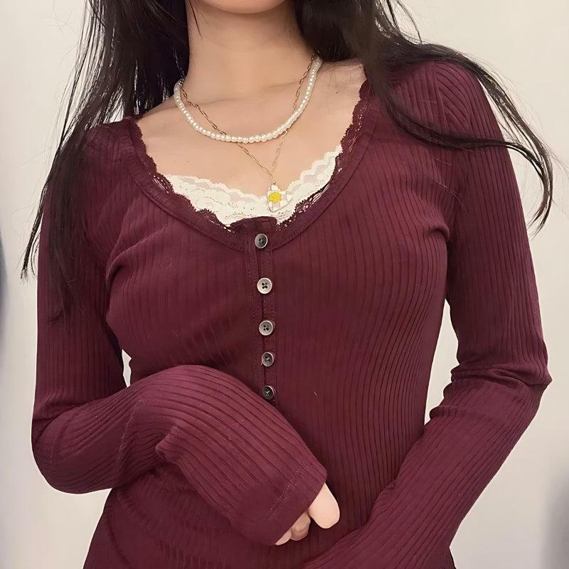 Y2K Fashion Corduroy Lace Trim Top - Coquette Style Aesthetic Clothing