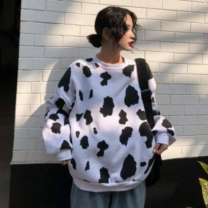 Y2K Fashion Cow Print Loose Sweatshirt - Coquette Aesthetic Style