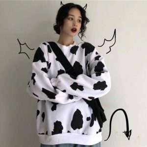 Y2K Fashion Cow Print Loose Sweatshirt - Coquette Aesthetic Style