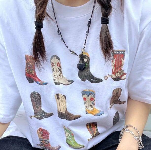 Y2K Fashion Cowboy Boots T-Shirt - Dark Coquette & Acubi Style