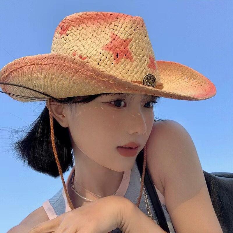 Y2K Fashion Cowgirl Adjustable Woven Straw Hat for Aesthetic Outfits