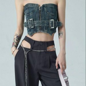 Y2K Fashion Cowgirl Crop Denim Tube Top - Acubi & Coquette Style